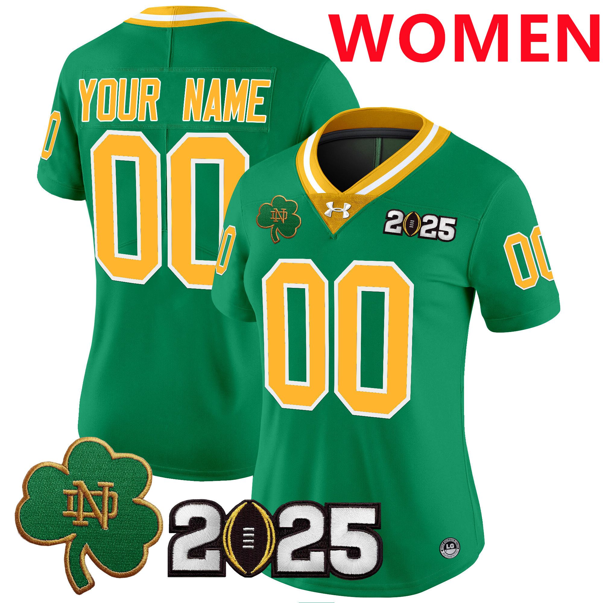 Women Notre Dame Fighting Irish Green 2025 CFP Final Patch Vapor Limited Custom NCAA Jersey style 2